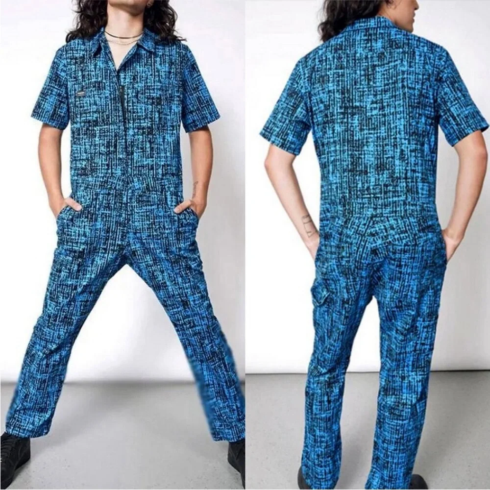 Wildfang Blue Black Printed Short-Sleeve Jumpsuit - Picture 1 of 6